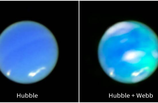 A two-panel horizontal image. On the left is Neptune, as seen from the Hubble Space Telescope. It is a blue circle, tilted about 25 degrees to the left. There are white smudges at 7 o’clock and just above 5 o’clock. At the right is an opposing view of the planet, using data from Hubble and Webb. It is a multi-hued blue orb. There are white smudges in the same spots as the image on the left, but also at the center of the planet and at the top. There are cyan smudges vertically along the right side, with the top of the smudging more translucent than the bottom.